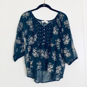 Abercrombie & Fitch Sheer Navy Floral Peasant Top